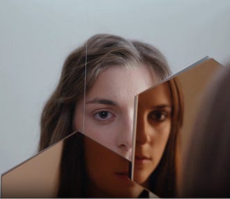 A young woman looks at herself in a broken mirror. Her reflection is split across the shards, showing different parts of her face.