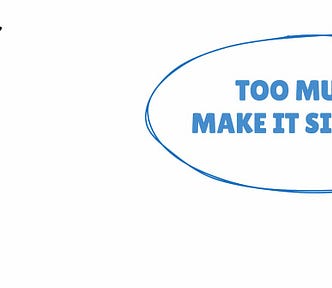 An abstract sketch of what looks like 9 bullet items; there is also a speech bubble that states: “Too much! Make it simpler!”