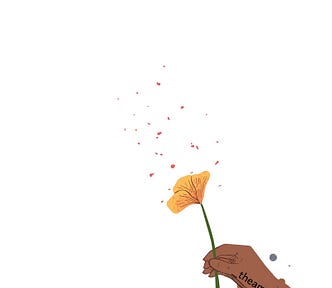 A brown-skinned sketched hand holding out a yellow flower.