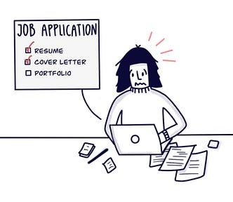 A researcher filling in a job application. Feeling overwhelmed because they need to include a portfolio.