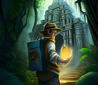 An explorer discovering an ancient temple in a jungle