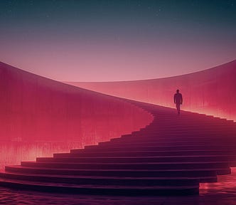 a man on walking up a at a concrete curved staircase in the style of james turrell, sparkles light up the sky, it’s a sensory experience, minimalist stage designs, photography, minimal, macro, realistic natural light, film photography, grain, light, space and colour is all blue and pink gradient