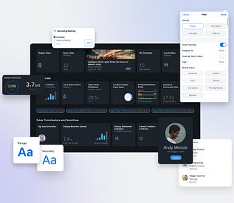 A collage of different UI elements from Horizon, the new theme for SAP Fiori, featuring Horizon Morning and Horizon Evening