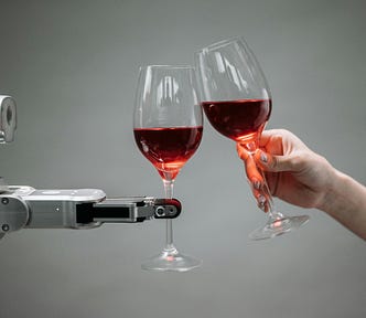 A robotic arm holds a wine glass and toasts it with another human hand holding a wine glass.