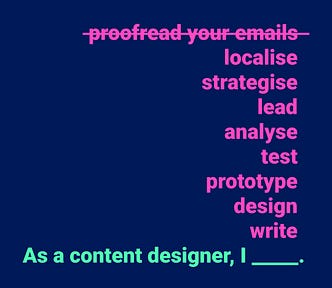 A blue square with the sentence “As a content designer, I” followed by a blank space. Above the space are various verbs including write, design, prototype, test, analyse, lead, strategise and localise.