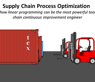 A visual representation of supply chain process optimization, featuring two red forklifts unloading a large red shipping container marked ‘TEX’ on a warehouse floor. The title reads ‘Supply Chain Process Optimization,’ with a subtitle describing how linear programming can be a powerful tool for a supply chain continuous improvement engineer. The image emphasizes the importance of optimizing warehouse and logistics operations in the supply chain.