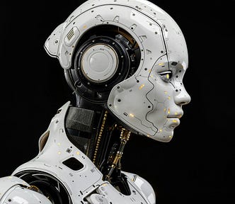 Female robot head with black background