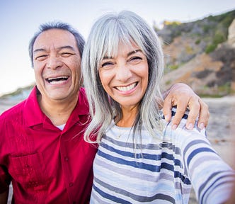 Senior Hispanic Couple Taking a Selfie at the Beach.