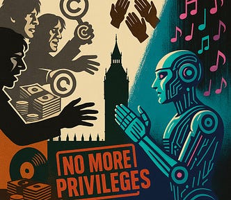 IMAGE: A square illustration has a vintage protest-poster vibe. On the left, three monochrome, rock-star silhouettes clutch copyright symbols and piles of cash, their outstretched arms grasping toward the center. Big Ben’s dark silhouette divides the scene. On the right, a colorful, futuristic robot applauds, and neon musical notes float upward behind it. At the bottom center, a bold orange banner reads “NO MORE PRIVILEGES”.
