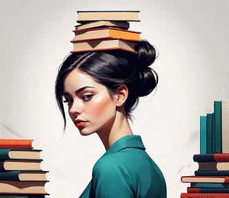 books balanced on top of a woman’s head