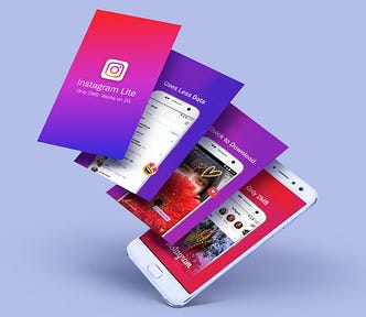 A mobile device screen shows Instagram Lite while other screens appear to fan out from the device, also touting Instagram Lite features.