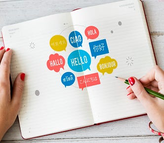 Woman hands writing hello in several languages on a notebook.
