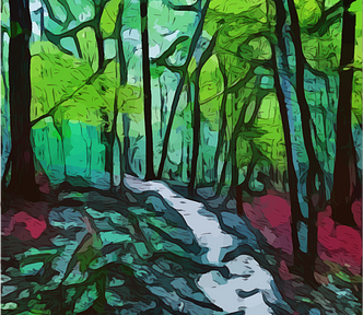 A painting of a little gray path in the thick forest with vivid green trees and vague maroon foliage off to the sides.