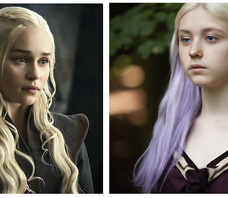 Side by side comparison of Daenerys Targaryan in Movie and AI interpretation