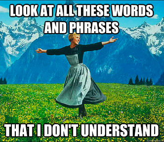 In the meme, a lady is joyfully dancing in a field. Her movements are free-spirited and full of happiness. The caption above the image humorously states, “Look at all the words and phrases that I don’t understand.” The meme conveys the feeling of being overwhelmed or confused by unfamiliar language, but the lady remains carefree and cheerful despite it all.