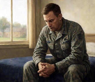 A moment of contemplation as a middle-aged man in a U.S. Air Force uniform sits on a bed in a quiet barracks room. His hands are clasped, eyes lowered, with soft daylight from a nearby window illuminating his thoughtful expression. The scene conveys introspection, dignity, and the inner weight of moral decision-making.