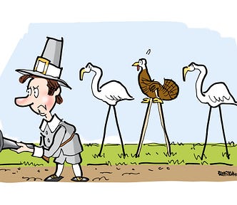 Captionless cartoon by illustrator Mark Armstrong. Pilgrim with tall hat and blunderbuss gun. He’s out hunting turkey for Thanksgiving. Behind him are two flamingo lawn ornaments. A turkey has squeezed in between them on a pair of stilts. He’s blended in so the hunter can’t see him.