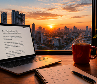 Desk next to a window overlooking a cityscape at sunrise. On the desk is a laptop with the same story name on the screen, a journal and pen, a red coffee cup with steam, and a small potted plant.