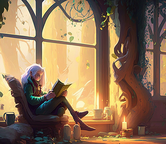 An elf-like woman reading a book in a comfortable chair by a magical-looking window. Quality of writing.