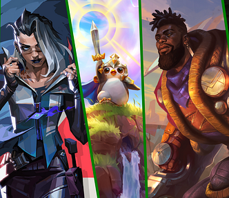 The key art for the Riot Games + Xbox Game Pass partnership. Shown from left to right are Jinx (from League of Legends: Wild Rift, Fade (from VALORANT), Pengu (from Teamfight Tactics), K’sante (in League of Legends), and Yasuo (in Legends of Runeterra).