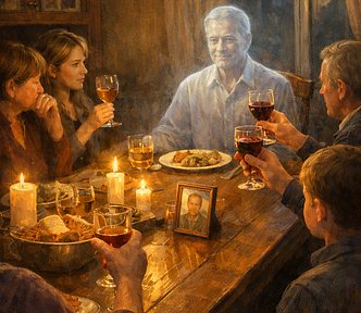 A family sits around a wooden table raising their glasses in a toast to their departed loved one (at the head of the table) who is still there in spirit
