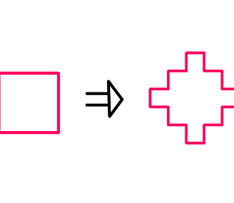 Web Development: How To Do Animated Recursion — A square on the left transforms into a cross-stitch curve on the right. The middle third of each side is extended forward to create three more sides, each one-third the length of the original sides.