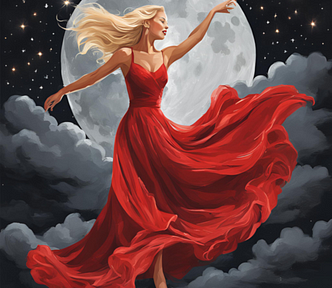 Lady in flowing red dress under a full moon.