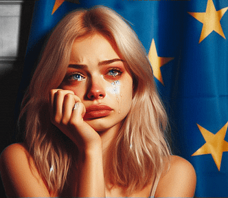 A young woman crying in front of an EU flag.