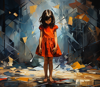 abstract illustration of a lonely, sad girl standing in the middle of a room, in the shards of her crushed illusions