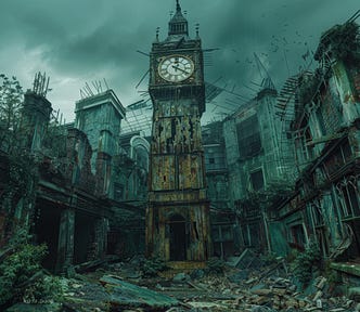 Eerie scene of a decrepit clock tower in a post-apocalyptic urban setting, with crumbling buildings and overgrown vegetation.
