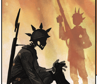 An illustration of two skeletal automatons. The automaton in the foreground kneels and pets a cat that has partial climbs on its leg. The automation wears green-black World War One-ish clothes. Skeletal hands and head can be seen. It wears a helmet with four large spikes in a row, from front to back like a Mohawk haircut. It has a simple rifle with bayonet slung over its shoulder. The silhouette of similar automaton stands in the background, watching this.