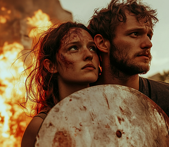 photo of a couple holding a shield to protect themselves, looking hopeful, background is the end of the world, full of dramas, fire, and chaos, AI image created by henrique centieiro and bee lee on midjourney v6