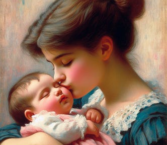 a painting in the style of Mary Cassatt of a mother rocking her baby girl while kissing its cheek