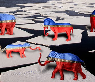 A broken up Antarctic ice-floe. On each fragmented piece of floating ice stands a different elephant ganked from bizarre medieval manuscript illustrations of elephants. Each elephant is decorated in the red, white and blue starred motif of the Republican Party mascot. Image: Jason Auch, modified https://commons.wikimedia.org/wiki/File:Antarctic_mountains,_pack_ice_and_ice_floes.jpg CC BY 2.0 https://creativecommons.org/licenses/by/2.0/deed.en