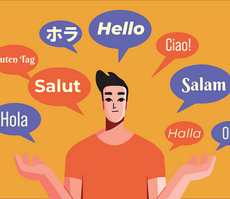 a man with black hair and an orange shirt, standing in front of a yellow background, with multiple speech bubbles around him. the speech bubbles contain the word “hello” in different languages, with words such as “salut”, “hola” and “halla”.