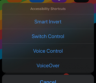 Accessibility Shortcuts menu with Smart Invert, Switch Control, Voice Control and VoiceOver options on it.