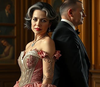 Image shows a mature woman with dark hair and streaks of grey, wearing a ballgown and standing with her back against the back of a mature man in a black suit. She looks at the camera, he doesn’t.