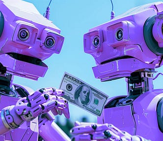 photo of two purple humanoid robots , one robot is talking and paying money to the other, bright blue day, AI image created on midjourney v6 by henrique centieiro and bee lee