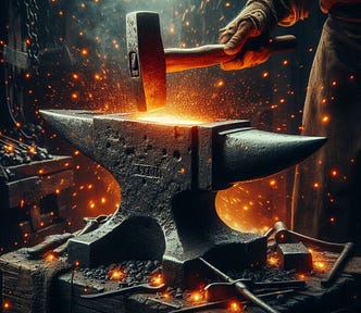 A Blacksmith pounds on his worn anvil, sparks and hot metal glow surround him.
