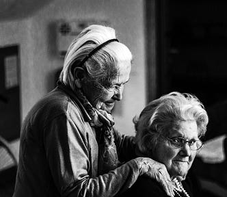 Two women, friends, older women, black and white image