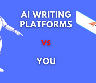 AI writing platforms vs. you. There is a AI bot pointing at a man.