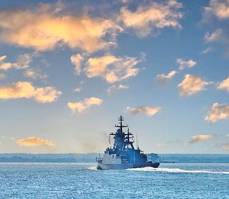 A naval corvette battling hydronamic resistance, centrifugal force, and inertia. Photo by travelarium.