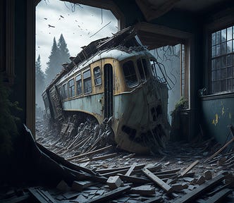 accident site of the front of a train that has crashed into a house, view from inside, rubble and split wood cover the floor, somber mood, dark pines and crows in the background
