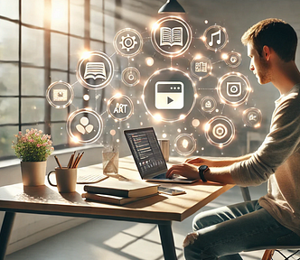 a realistic photograph-style blog cover that depicts a modern workspace with a human person working on a laptop. The scene features warm, natural lighting and creative glowing icons symbolizing productivity.