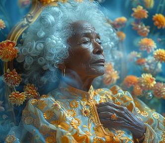 pushing up daisies, bad baby hair lace front big hair wig, Black 58-year old woman, ancient, tired, pursed lips, sitting on golden porcelain cloisonne chair made of fine china, blue screen, print, anaglyphic double long exposure