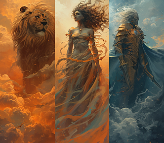 Three different illustrations of Leo zodiac signs standing together on a surreal cloudy landscape.