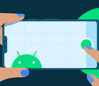 Illustration of white hands with blue nail polish holding a phone and pressing the home button while the Android logo is on screen