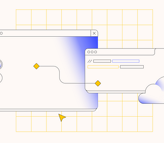An abstract illustration of a web interface alongside a terminal interface.