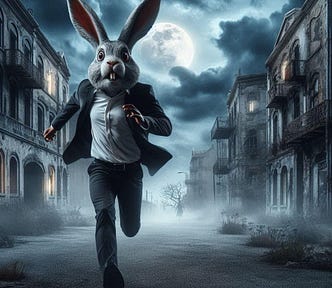 Rabbit Man running down a dark, foggy street in search of The Lunatic Poet.