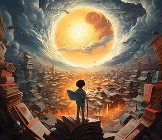 A boy stands on the books, with a book as a backpack, looking at the epic cityscape.